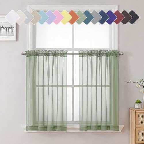 Sage Green Sheer Kitchen Curtains 36 Inch Length 2 Pieces (Sage Green / 40"W x 36"L (Pack of 2))