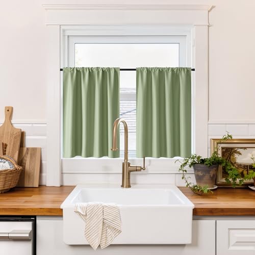 100% Blackout Bathroom Curtains Over Sink 30 inches Long (100% Blackout - Sage Green / 42"W x 30"L (Pack of 2))