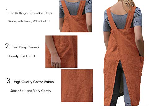 Women's Pinafore Square Apron Baking Cooking Gardening Works Cross Back Cotton (X-Large / Orange)
