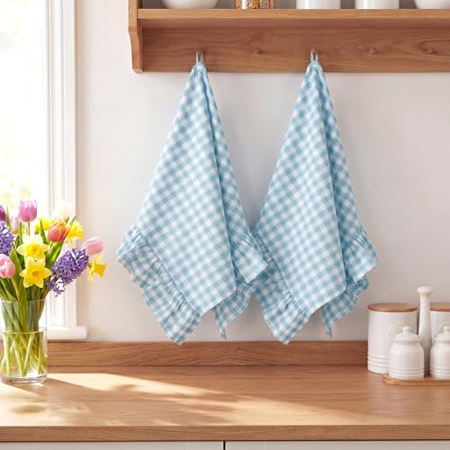 2 Pcs Light Blue Gingham Kitchen Towels Cotton Ruffled (Light Blue / Gingham)