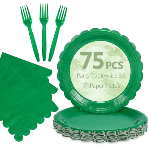 75Pcs Fun Green Paper Plates and Napkins Disposable for Party 25 (Green 75 Plates Set / 7-inch Set)