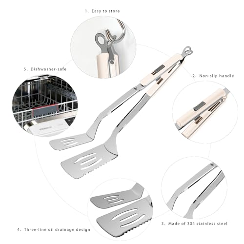 13.5 inch Stainless Steel Tongs for Cooking (13.5 Inch / White)