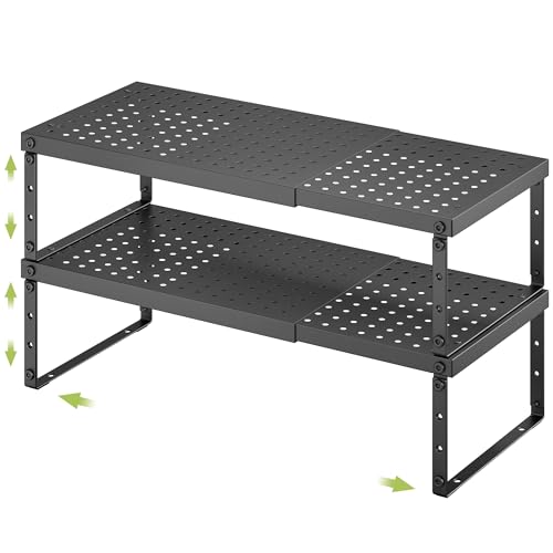 Expandable Cabinet Organizer Shelf With Adjustable Height (Black-2 Pack / 8.27"D*14-22.4"W x 7.5"H)