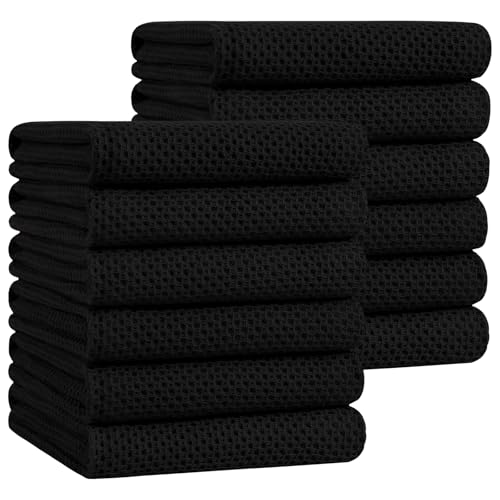100% Cotton Oversized Waffle Weave Kitchen Towels 12 (Black / 20 X 28 - 12 Pack)