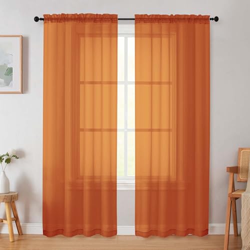 Orange Sheer Curtain for Bedroom Living Room 72 Inches Long 2 Panels Set (Orange / 42"W x 72"L (Pack of 2))