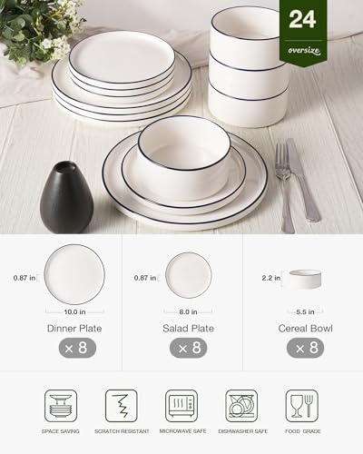 Porcelain 24 Piece Dinnerware Set (White with Blue Trim / Service for 8 (Standard Dinner Set))