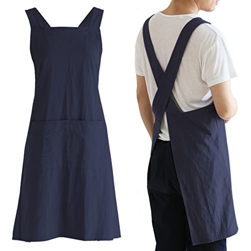 Japanese Linen Cross Back Kitchen Cooking Aprons for Men with Pockets for Baking Painting Gardening Cleaning Navy (13 - Men's Navy)
