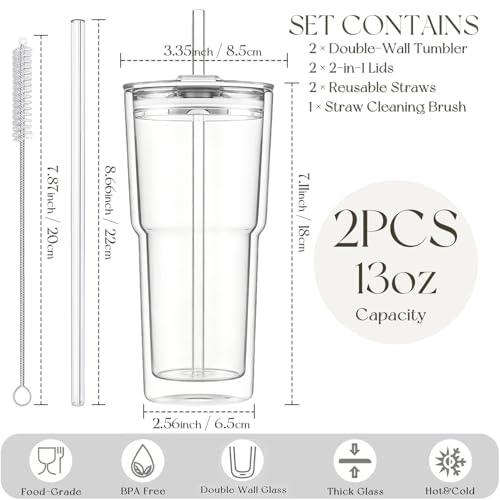 2PCS 20oz Double Wall Glass Tumblers with Lids and Straws