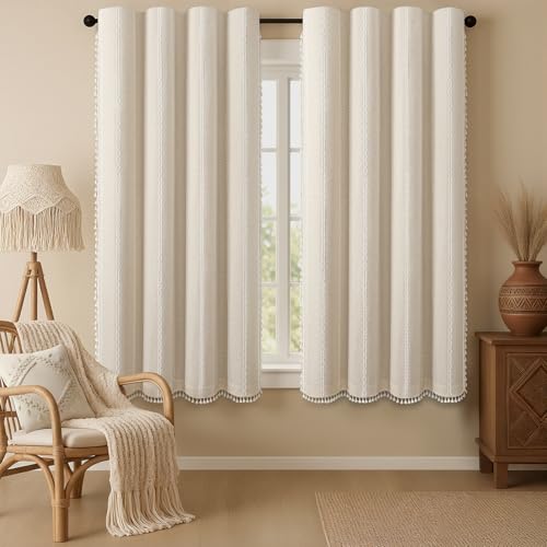 Boho 100% Blackout Curtains 63 Inch 2 Panels Linen Blend Beige (Beige / 52"W x 63"L (Pack of 2))