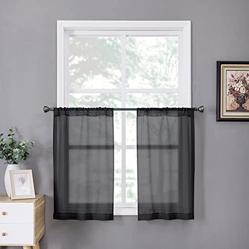 Sheer Tier Curtain Linen Textured Half Kitchen Curtains Sheer Light Filtering Rod Pocket Voile Small Curtains for Bathroom (25"W x 36"L (Pack of 2) / Black)