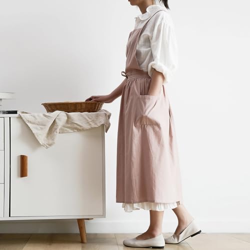 Apron Cute Dress for Women Frill Cross Back Cotton Linen Japanese Apron With Pockets Maid Pinafore Apron Housewife Garden Cooking Baking Pottery Pinafore Apron Dusty Pink Adult One Size (Dusty Pink Adult / One Size)