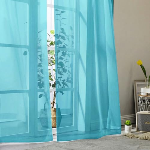 Sheer Curtains 63 Inch Length 2 Panels Set for Living Room Bedroom (Aqua / 42"W x 63"L (Pack of 2))
