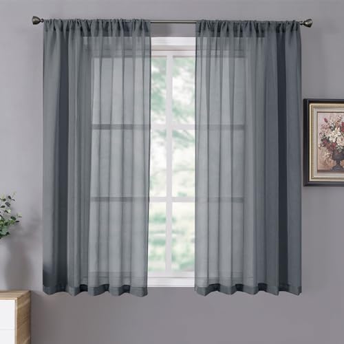 Short Sheer Curtain Linen Textured Bedroom Curtains Sheer Light Filtering Rod Pocket Voile Curtain for Living Room (54"W x 54"L (Pack of 2) / Dark Grey)