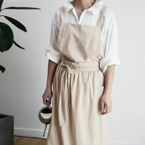 Womens Apron Cute Dress for Women Frill Cross Back Cotton Linen Japanese Apron With Pockets Maid Pinafore Apron Housewife Garden Cooking Baking Pottery Pinafore Apron Apricot Adult One Size (Apricot Adult / One Size)