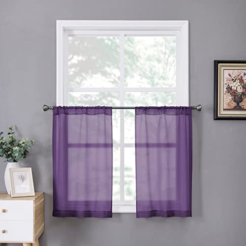 Short Sheer Tier Curtains Linen Textured Half Kitchen Curtain Sheers Light Filtering Rod Pocket Voile Small Curtain for Bathroom (25"W x 24"L (Pack of 2) / Royal Purple)