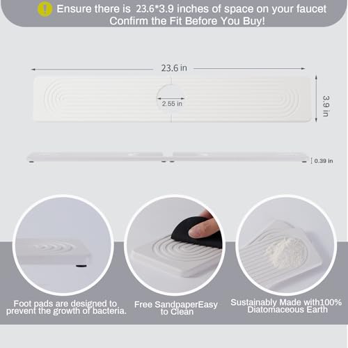 Stone Faucet Mat for Kitchen Sink Diatomite Stone Drying Mat (White.23.6" x 3.9"‎)