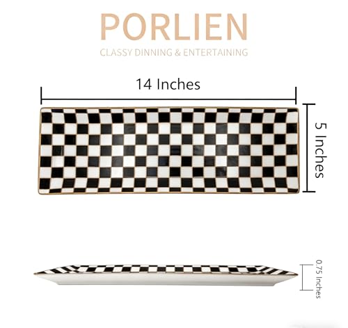 14 inch Checker Black and White Rectangle Serving Platters Set of 3 for Party (14 inches)