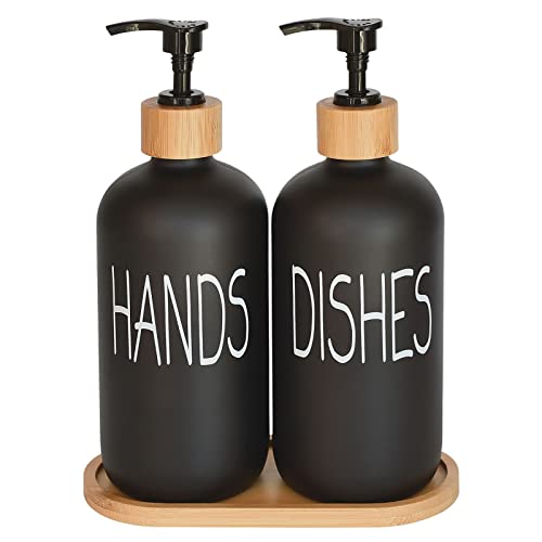 Glass Soap Dispenser Set. Hand and Dish with Bamboo Tray. Vintage Pump for Kitchen Drain Outlet Bathroom. Stylish Permanent Labels (Matte Black)