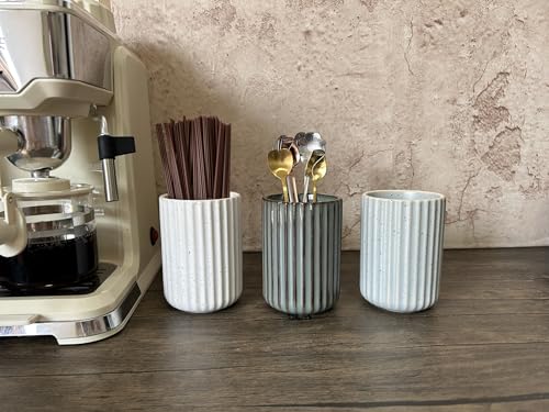 Stoneware Coffee Bar Utensil Holder Tea & Coffee Spoon & Stirrer Holder for Stir Stick Straw Teaspoon Holder Espresso Spoon Cup Small Utensil Jar Fluted Vertical Stripe (Concrete Grey)