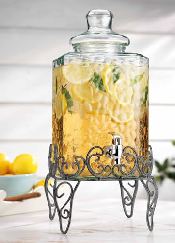2.5 Gallon Classic Hammered Glass Beverage Dispenser with Elegant Stand (Clear-2.5-Gallon)