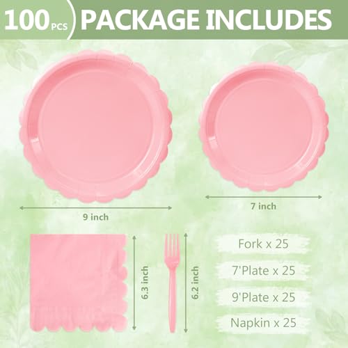 100 Light Pink Paper Plates and Napkins Disposable for Party (Pink 100 Plate Set / 7 & 9-inch Set)