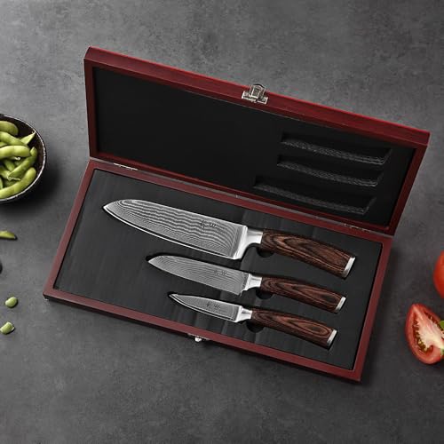 EDIB 3 Piece Damascus Kitchen Knife Set in Wooden Gift Box (EDIB Series-3 pcs)
