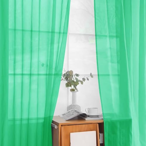 Solid Sheer Rod Pocket Curtain Voile Draperies 2 Panels White Beige Black Grey Ivory 52 Inch Width 108 Inch Long 1 Pair for Kitchen Bedroom Children Living Room Yard (Grass Green / 52"W x 108"L (Pack of 2))