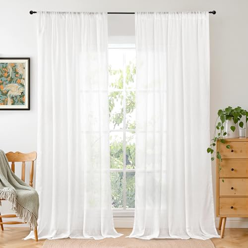 White Linen Semi Sheer Curtains for Living Room 80 Inch Length (White / 52"W x 80"L (Pack of 2))