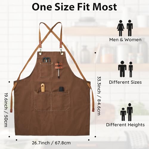 Chef Canvas Aprons with 3 Large Pockets Adjustable Strap for Men Women (Brown)