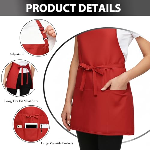 Kitchen Cooking Apron Unisex Adjustable chef apron with 3 pockets (01 Pack Red)