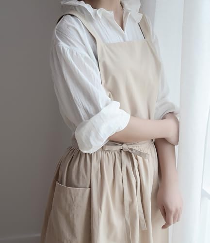 Japanese Cotton Linen Cross Back Work Apron for Women with Pockets Pinafore Dress Smock (01-beige)