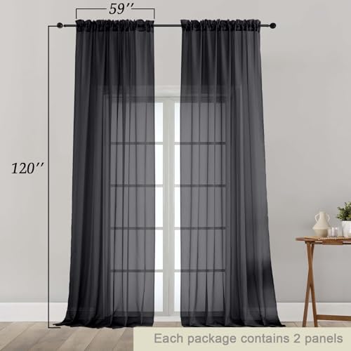 Extra Long Black Sheer Curtains for Bedroom Living Room 120 Inches Long 2 Panels Set (Black / 59"W x 120"L (Pack of 2))