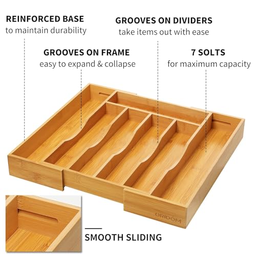 2 Piece Bamboo Silverware Organizer (7 Slots Expandable-2Pack / Natural)