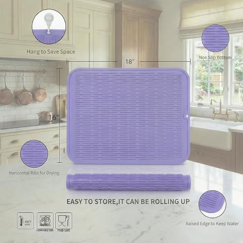 Silicone Dish Drying Mat for Multiple Usage (Light Purple / 18"L x 16"W)