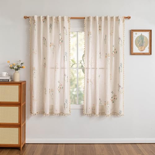 Floral Boho Semi Sheer Linen Blend Farmhouse Curtains 63 Inches Long 2 Panels Set Spring Flower Printed Drapes with Tassels Back Tab Rod Pocket for Living Room Bedroom (Flower / 50"W x 63"L (Pack of 2))