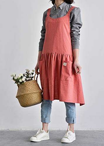 Japanese Cotton Cross Back Pinafore Apron for Women with Pockets Coral (13 - Grapefruit Red With Waist Ties)