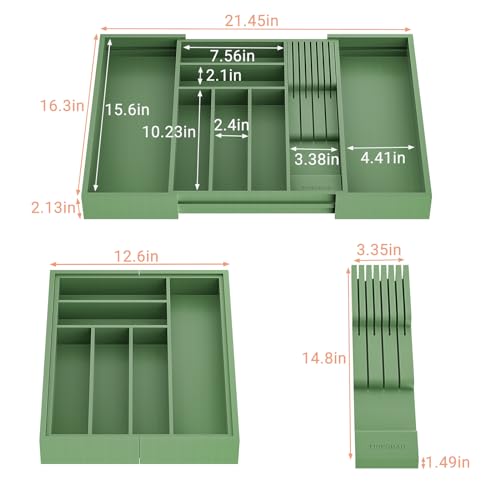Expandable Bamboo Silverware Drawer Organizer Tray (Grayish Green / Large)