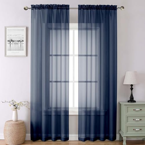 Navy Blue Sheer Curtains 90 Inches Long 2 Panels (Navy Blue / 42"W x 90"L (Pack of 2))