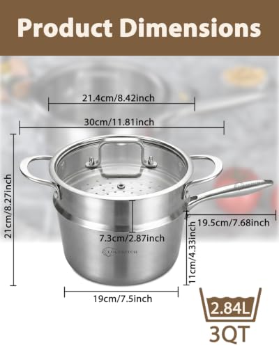 3 Quart Stainless Steel Saucepan with Steamer & Glass Lid (Silver)