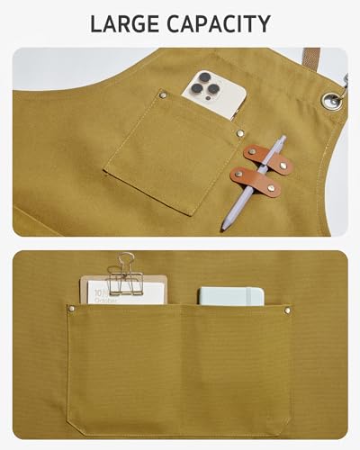 Chef Apron for Men Women Kitchen Cooking Apron with Pockets (Yellowish Brown Canvas)