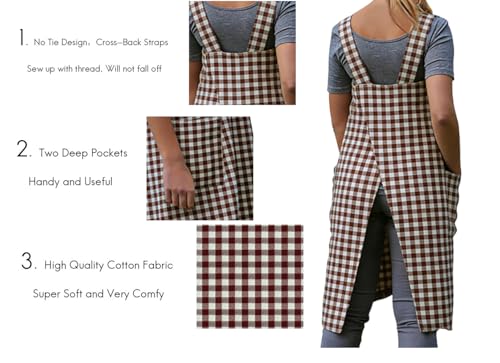 Women's Pinafore Square Apron Baking Cooking Gardening Works Cross Back Cotton (3X-Large / Plaid-brown)