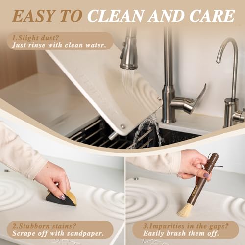 Pearl White 2Pcs Large Stone Dish Drying Mat with Acacia Wood Holder Stand for 1 Inch Cutting Board and Stone Drying Mat for Kitchen Counter Quick Dry Diatomaceous Earth Mat for Kitchen Counter (Acacia Holder Pearl)