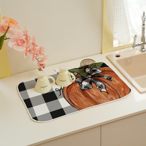 Fall Dish Drying Mat 18 x 24 Inch Thanksgiving Buffalo Plaid Pumpkin Drying Mat for Kitchen Counter Absorbent Farmhouse Autumn Orange Pumpkin Dishes Dry Pad for Drainer Rack Kitchen Fast Dry (Buffalo Plaid Pumpkin / 18" x 18")
