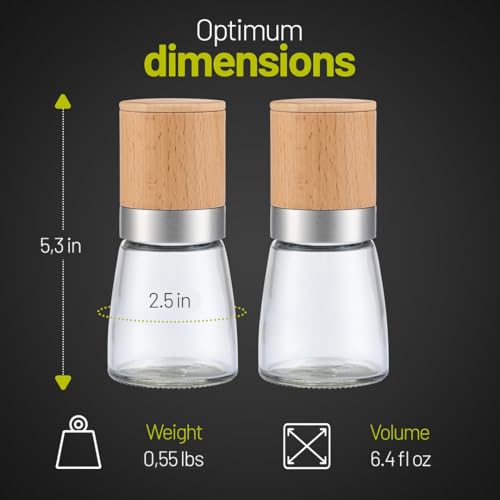2X Manual Salt and Pepper Grinder Set Compact 190ml Natural Wood