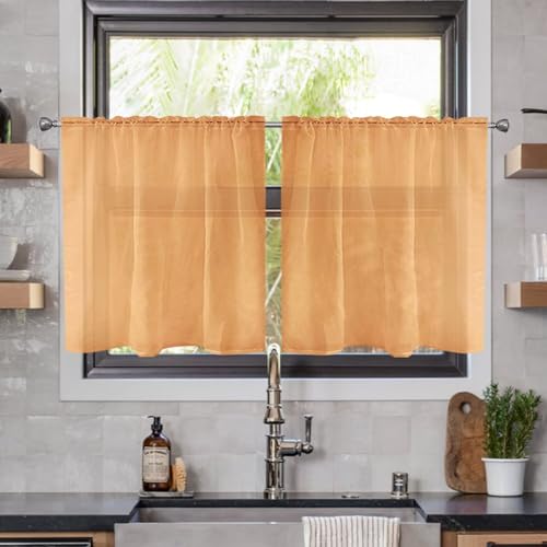 Solid Sheer Rod Pocket Curtain Voile Draperies 2 Panels White Beige Black Ivory Coffee 22 Inch Width 40 Inch Long 1 Pair for Kitchen Bedroom Children Living Room Yard (Beige / 22"W x 40"L (Pack of 2))