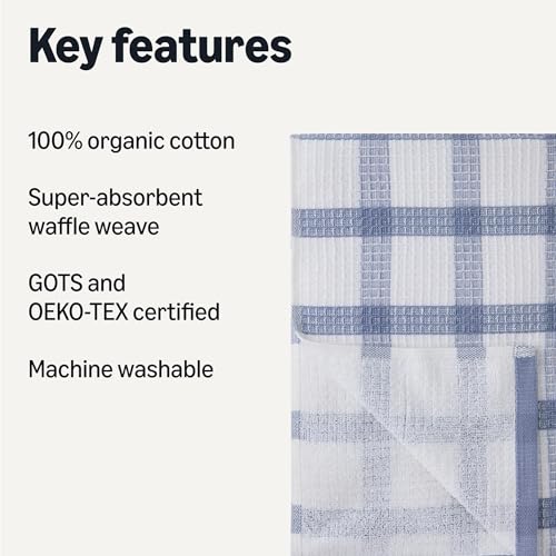 Organic Cotton Waffle Kitchen Dish Towels (4 Navy Strip/Checker, 1 White, 1 Navy Solid / 15 x 25 inches)