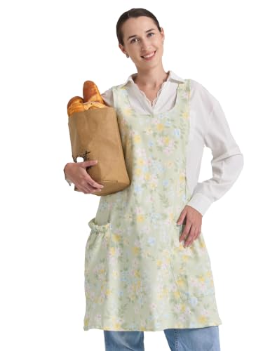 Cozy Adjustable Cross Back Aprons for Women with Pockets Cotton Linen Cooking Kitchen Baking Colorful Flowers (Colorful Flowers)