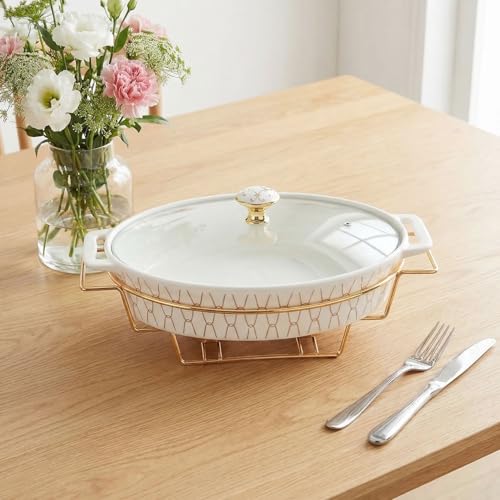 12" x 8" Ceramic Oval Casserole Dish with Glass Lid and rack (White with rack / 14.2 Inch(1.7 qt))