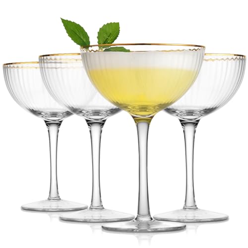 Premium Cheerfull 10.7 oz Gold Rim Coupe Glasses Set of 4
