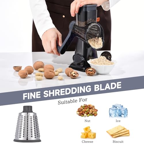 Rotary Cheese Grater with Handle Kitchen Shredder Slicer Grater Slicer Ice Shaver Cheese Vegetable Nuts Potato Zucchini Chocolate 3 Interchangeable Blades (9.06"L x 4.33"W x 9.07"H / Dark Grey TSP)
